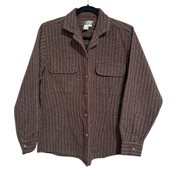 Vintage Woolrich Womens Medium Wool Button Up Shirt Jacket Striped Long Sleeve - Picture 1 of 11